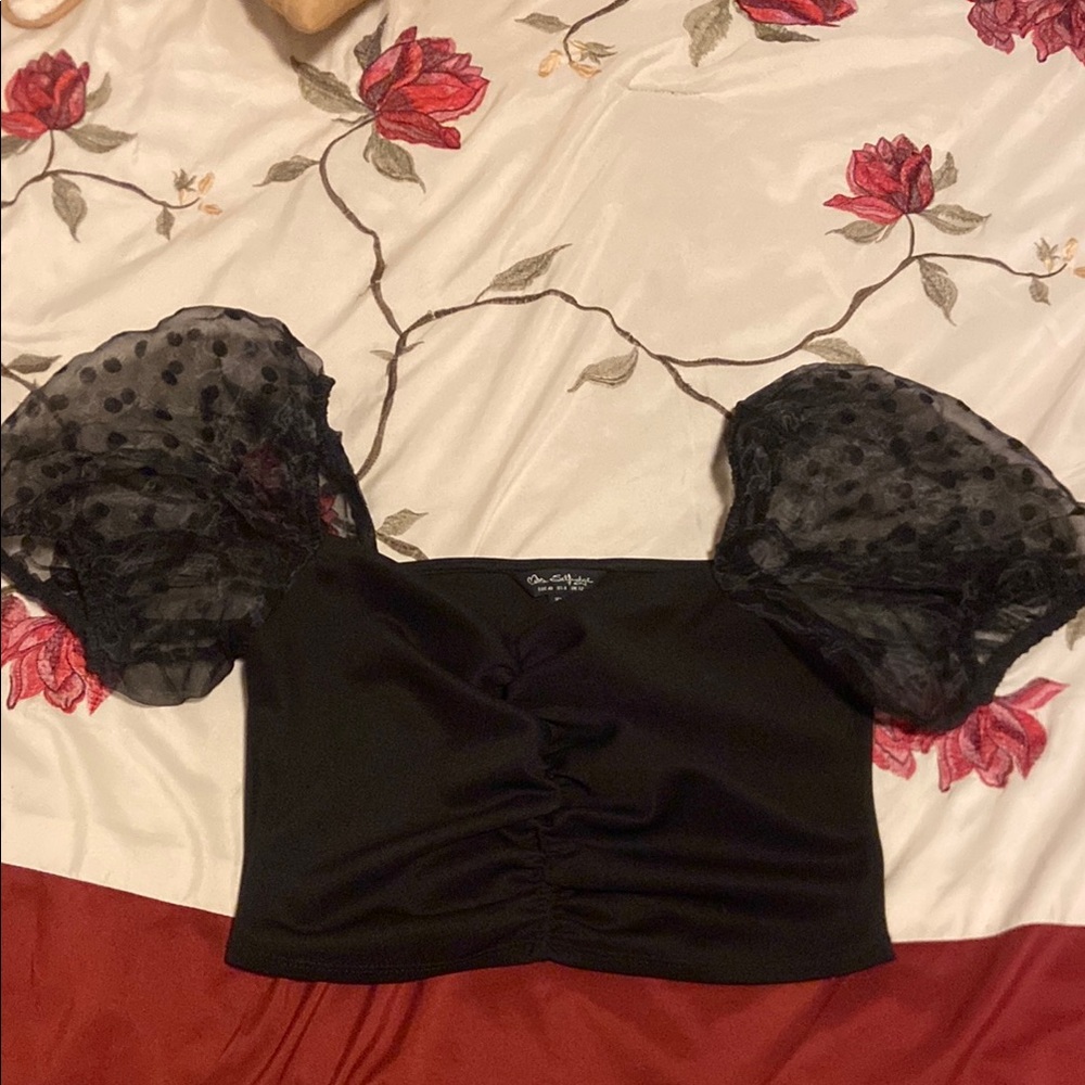 Black Crop Top with Puffed Polka Dot Sleeves